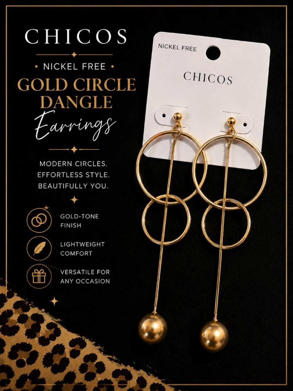 NWT Chico’s Gold Tone Geometric Circle Dangle Earrings Nickel Free